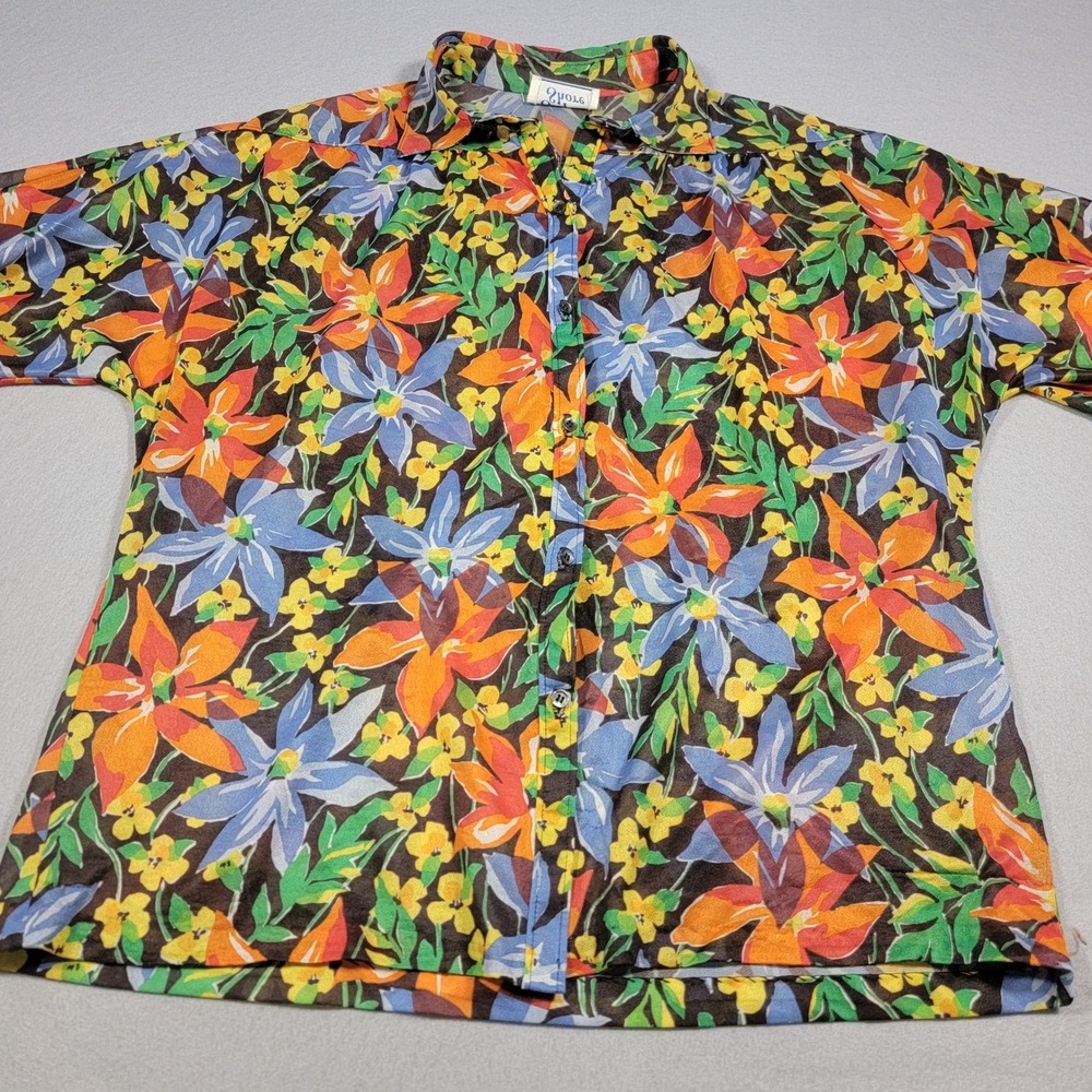 Vintage 70s‎ Sheer Floral Button Up Blouse Ship n Shore Short Sleeve Size 12